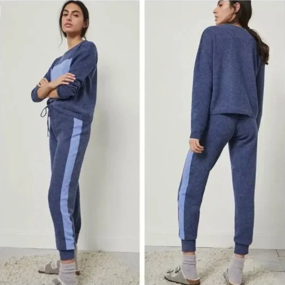 ANTHROPOLOGIE Saturday Sunday Clara Cozy Blue Striped Sweater Jogger Set size S